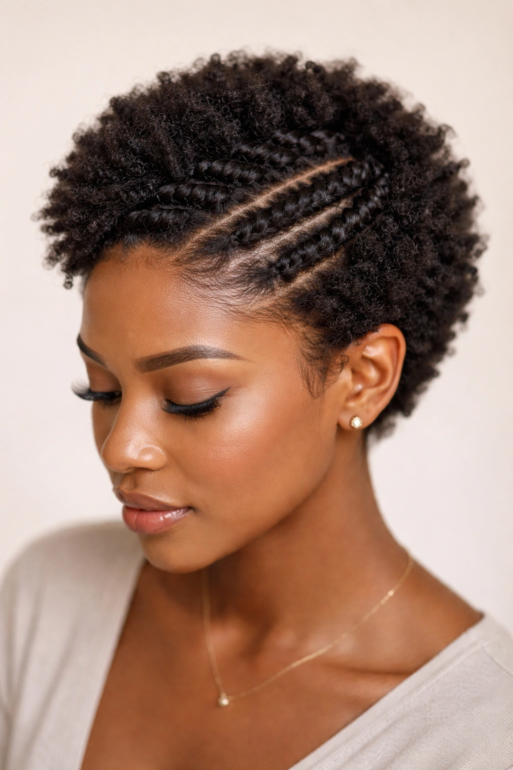 Short afro with a crown of flat twists on top