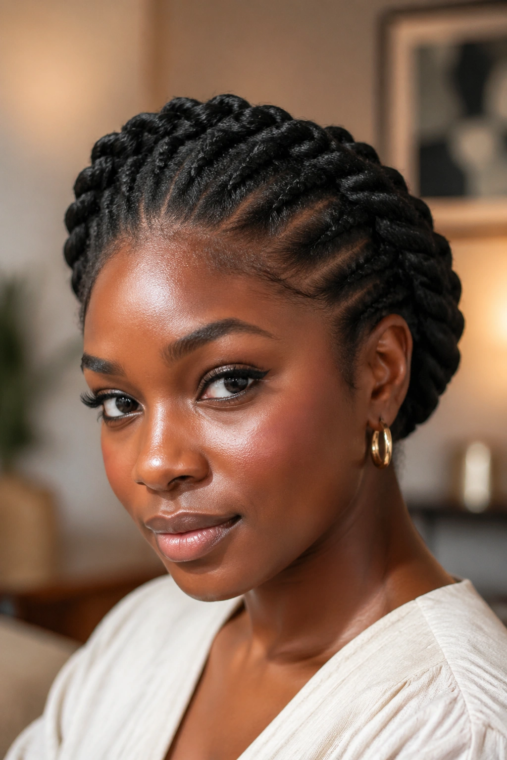 Real person wearing a flat twist crown updo with halo around head
