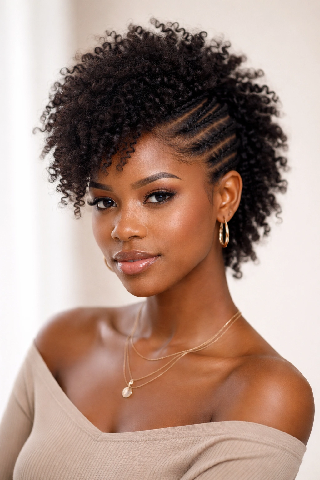 Portrait of flat-twist sides with a curly center Afrohawk, neat silhouette