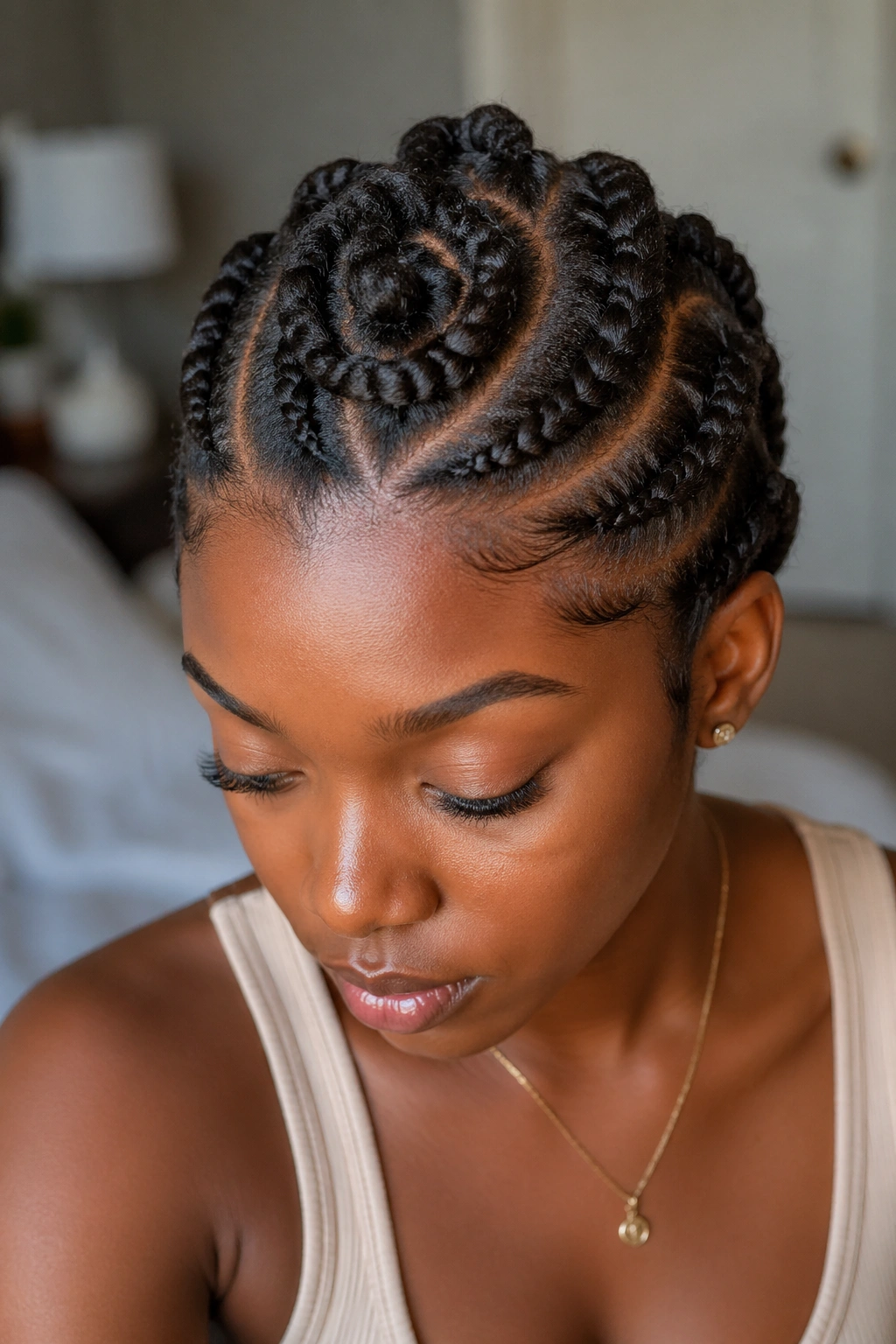 Close-up of real person showing flat twists framing a central bloom knot