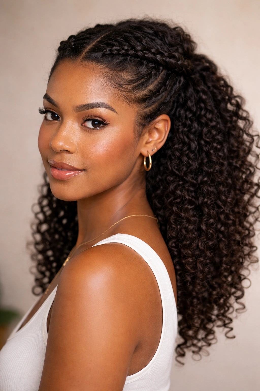 Two flat twists near the scalp converging into a back-half-up knot on curly hair.