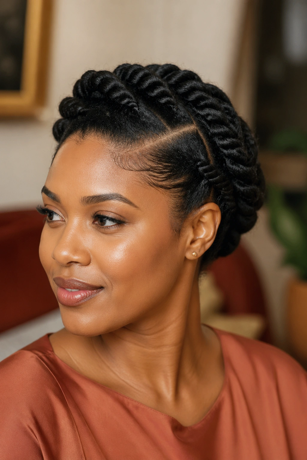 Real woman with side-swept flat twist halo formed by curved twists around the head