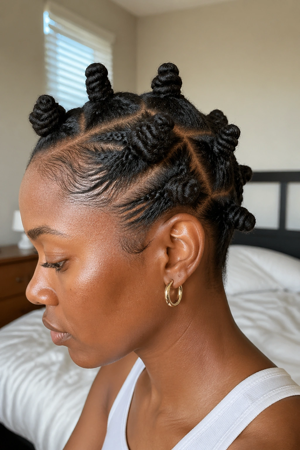Close-up of a real person with flat twist transitioning into a bantu knot