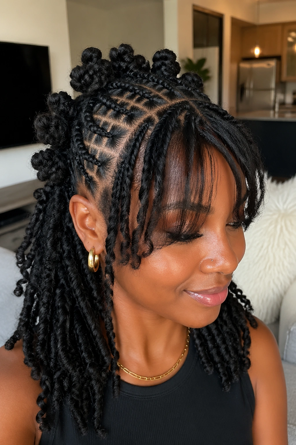 Real person with flat-twist front into knots and soft fringe