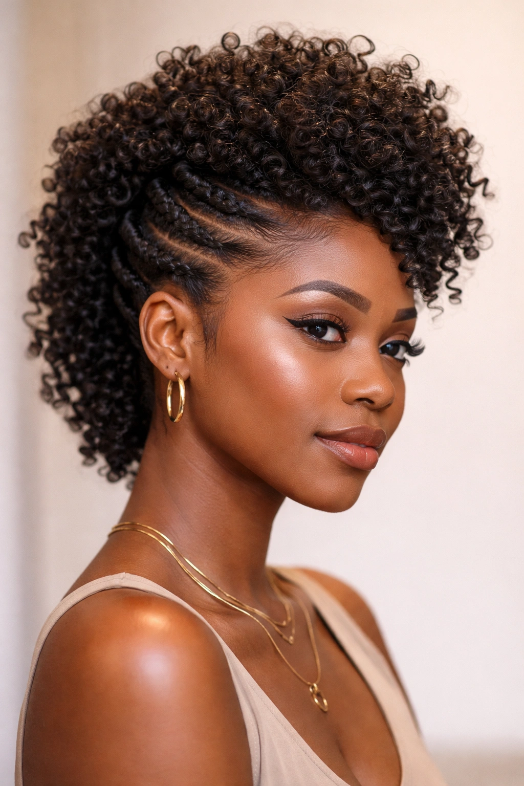 Close-up of a natural hair model showcasing a flat-twist mohawk with a full curled crown.