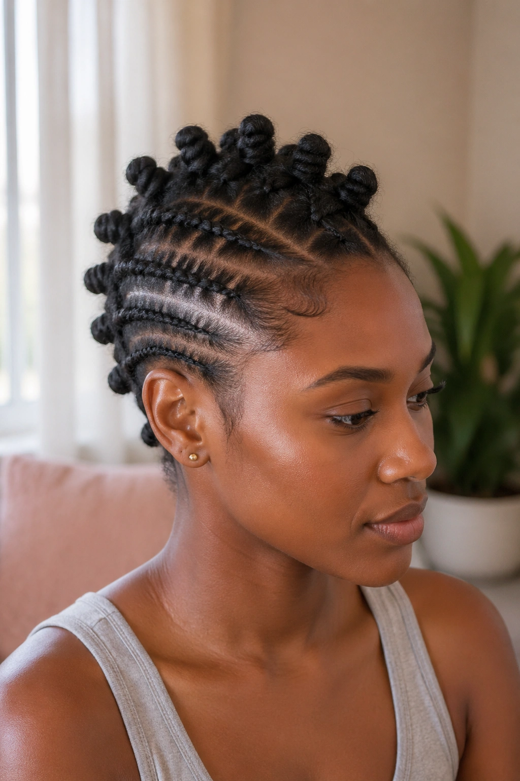 Real person with flat twist Mohawk and mini knots along center