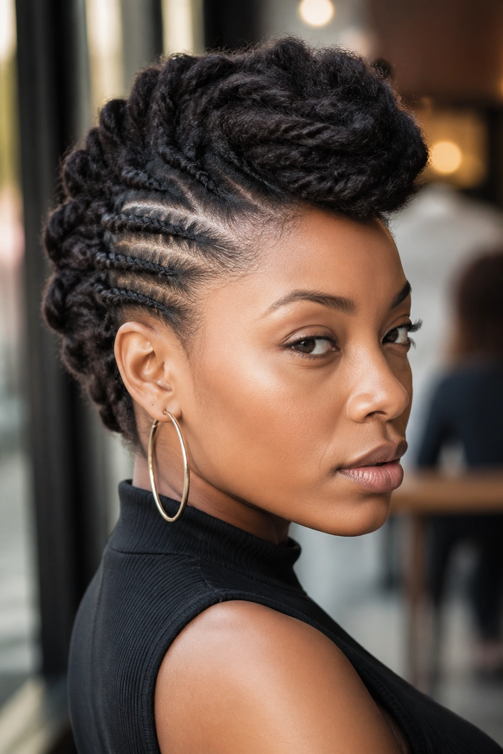 Close-up portrait of a real woman with flat-twist mohawk and tucked ends in a cafe window-lit setting