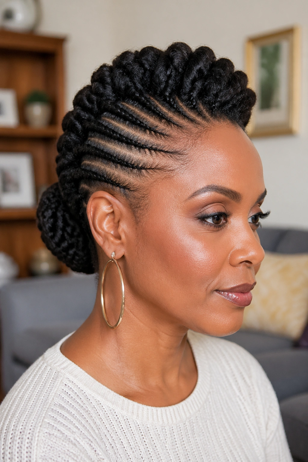 Close-up of a woman with a flat-twist mohawk updo