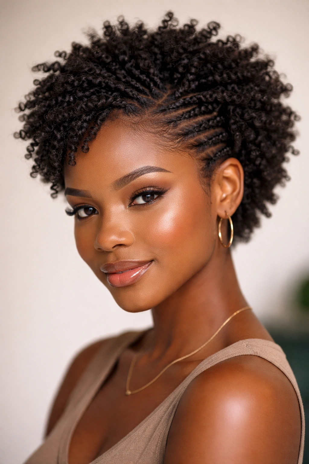 Short twist-out fro with small twists and upward stretch