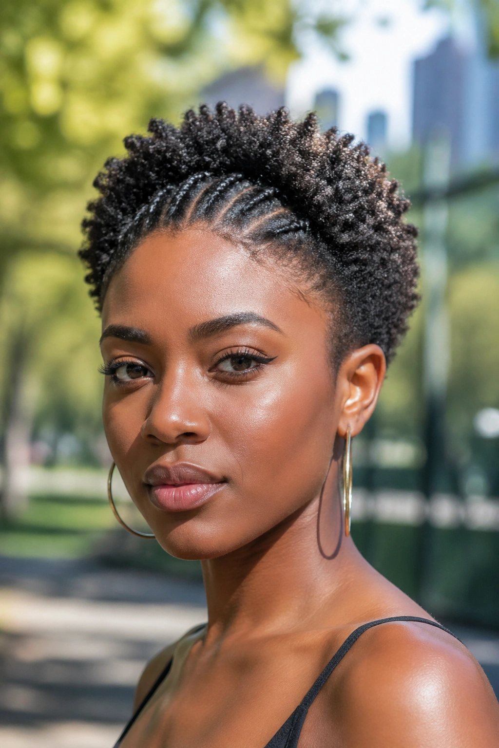 Close-up of a real person with flat-twist-out tapered fro in a park
