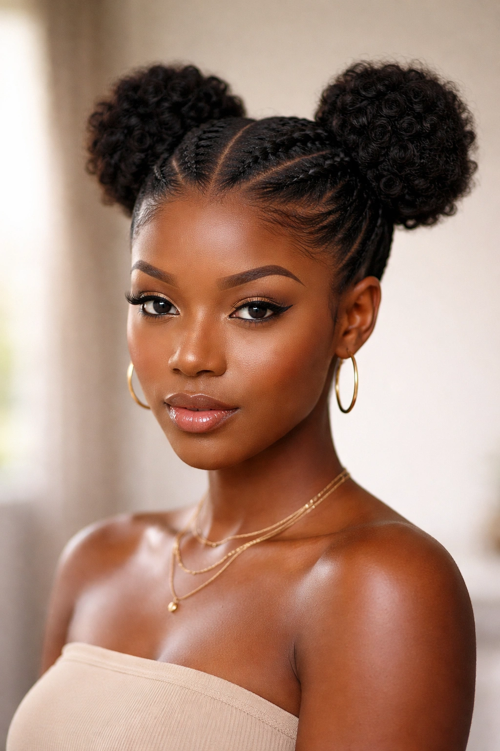 Flat-twist space buns with sleek front on natural hair
