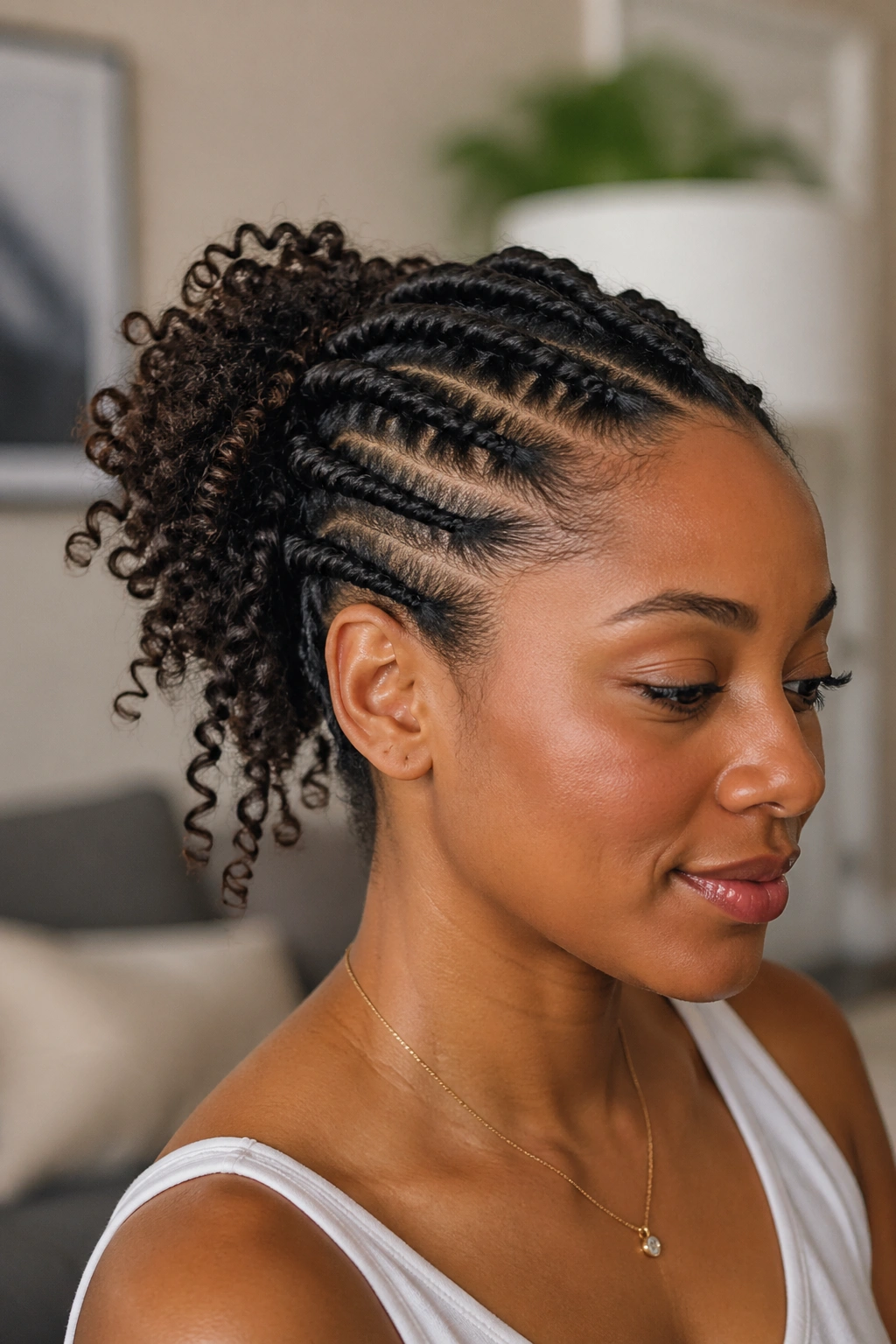 Close-up portrait of a real woman with flat twists and free curling ends at the back