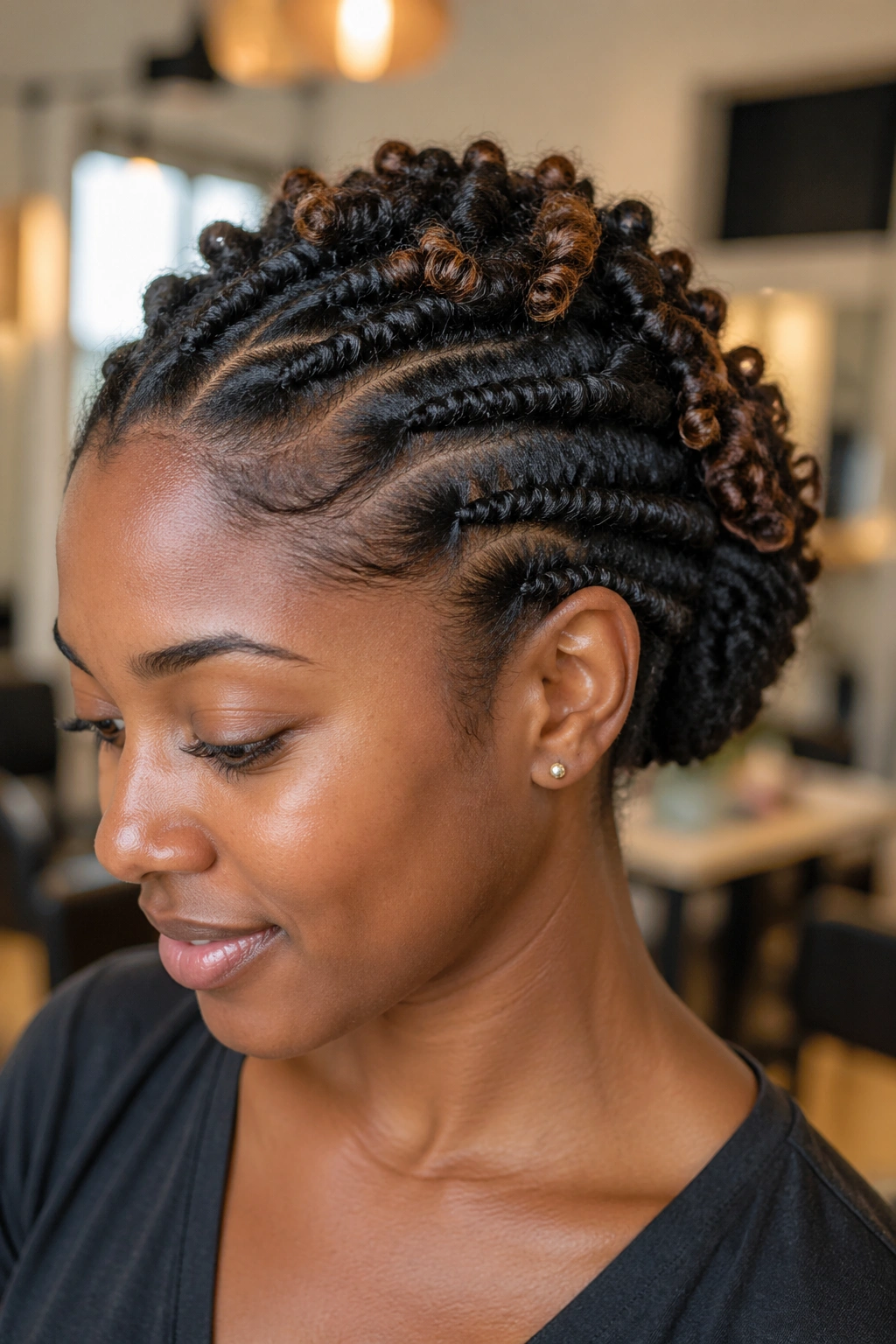 Close-up portrait of a real woman wearing The Flat Twist Updo With Springy Ends, showing springy ends and a low bun