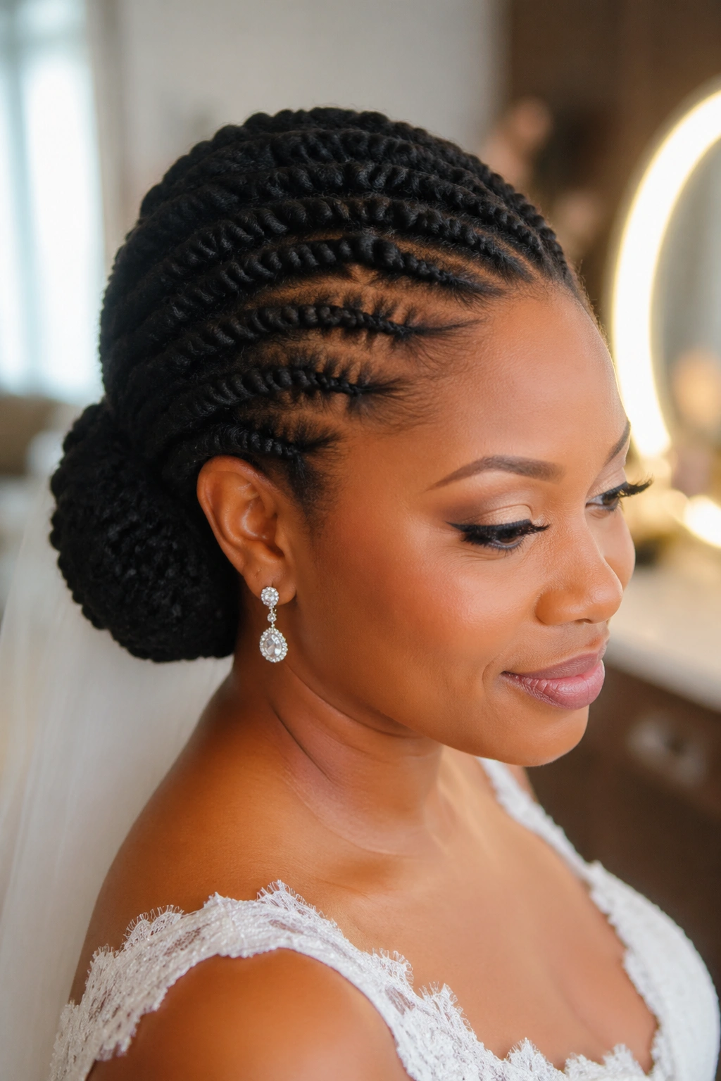 Close-up of a bride with flat-twisted chignon at the nape