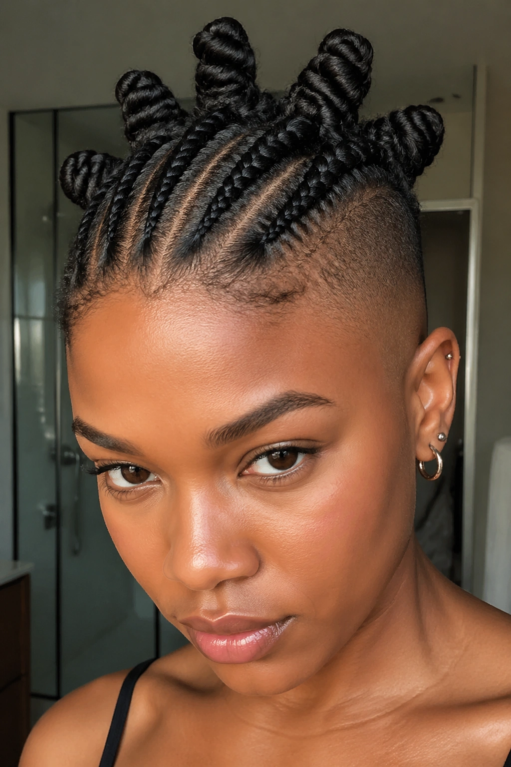 Close-up of a real person with flat twists feeding into crown knots.