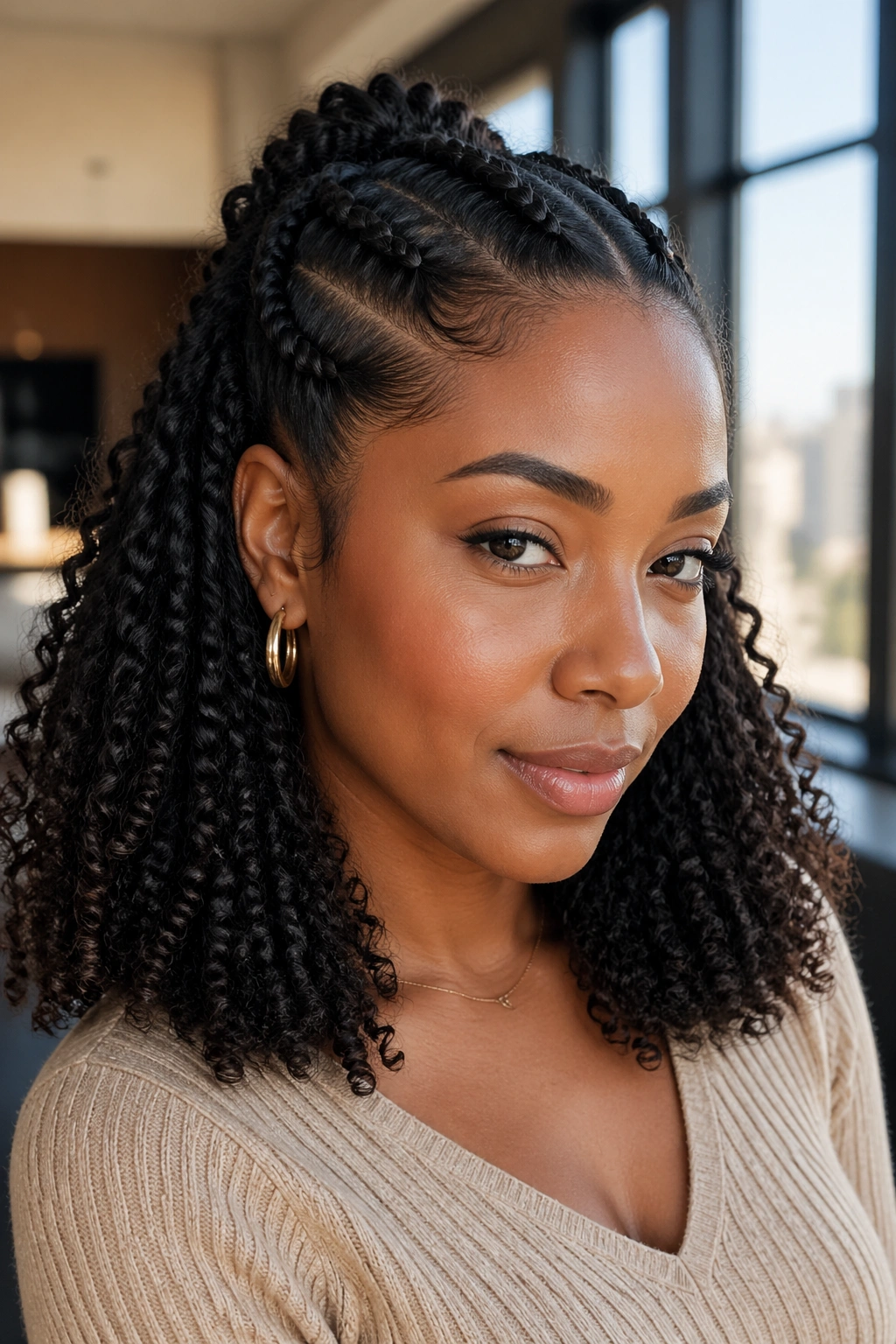 Close-up of a real woman with flat-twisted half-up and curly ends.