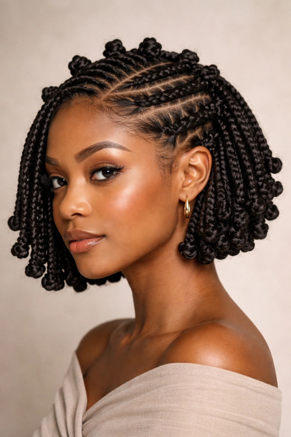 Flat twists at the roots with knotted ends on a bob