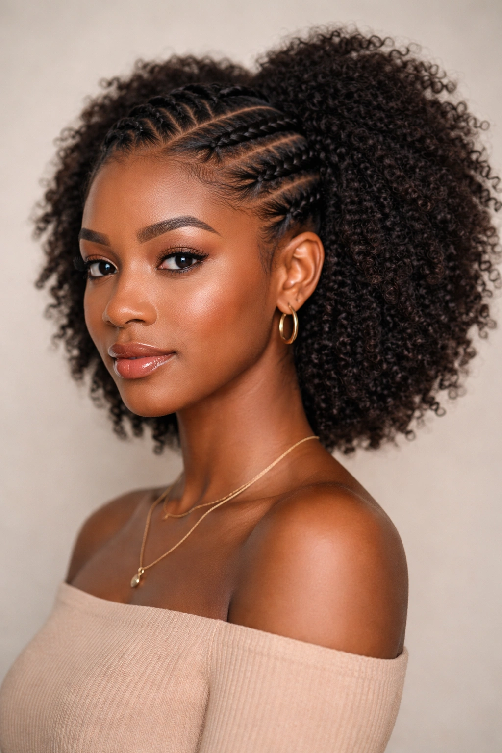 Close-up headshot showing front flat twists and a full back afro.