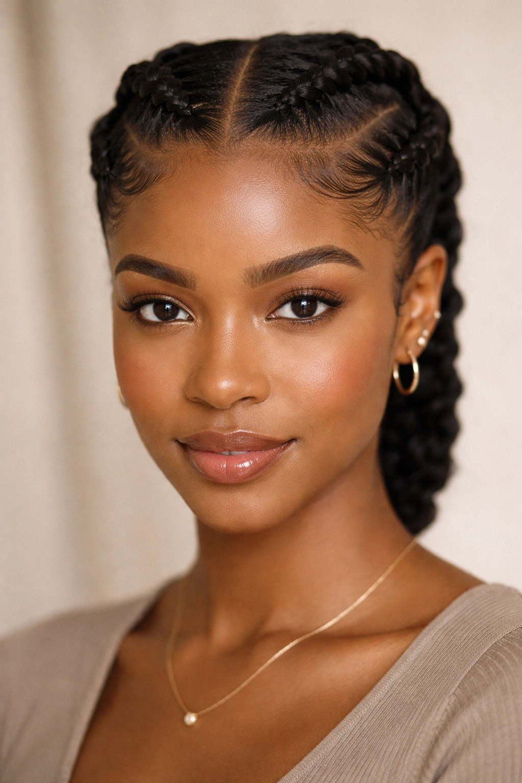 Close-up of two flat twists along the scalp framing the face on afro hair