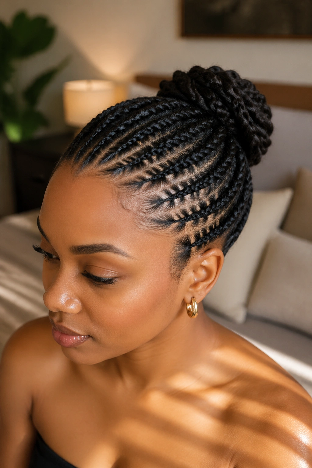 Close-up of a woman with flat-twisted updo bun in warm bedroom light