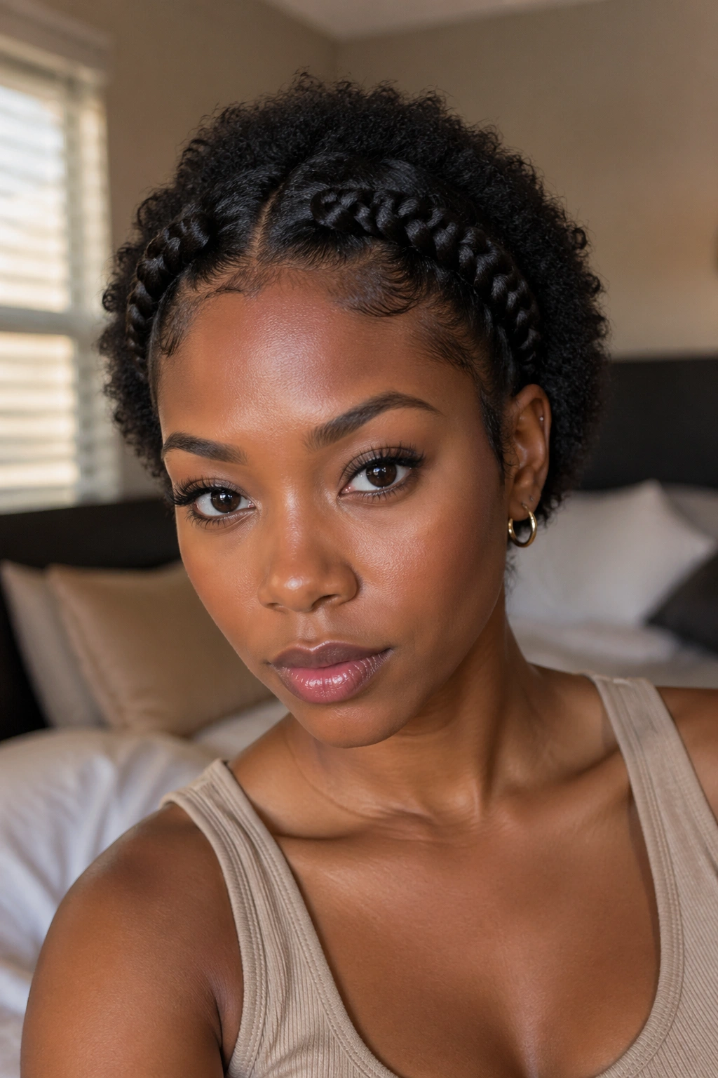 Close-up of a real woman with two flat twists forming a crown on a short afro in warm window light