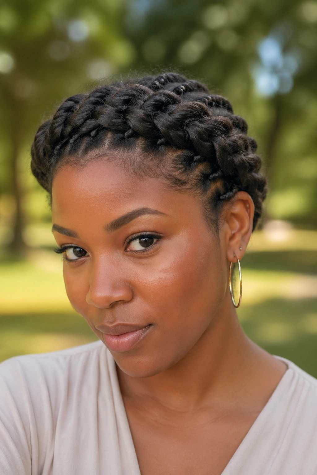 Close-up of a real woman with flat twists forming a crown