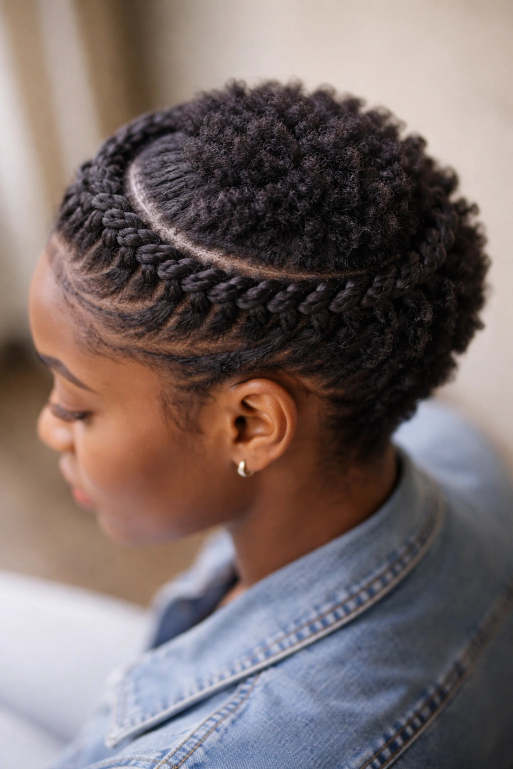 Top-down view of flat twist crown on short natural hair