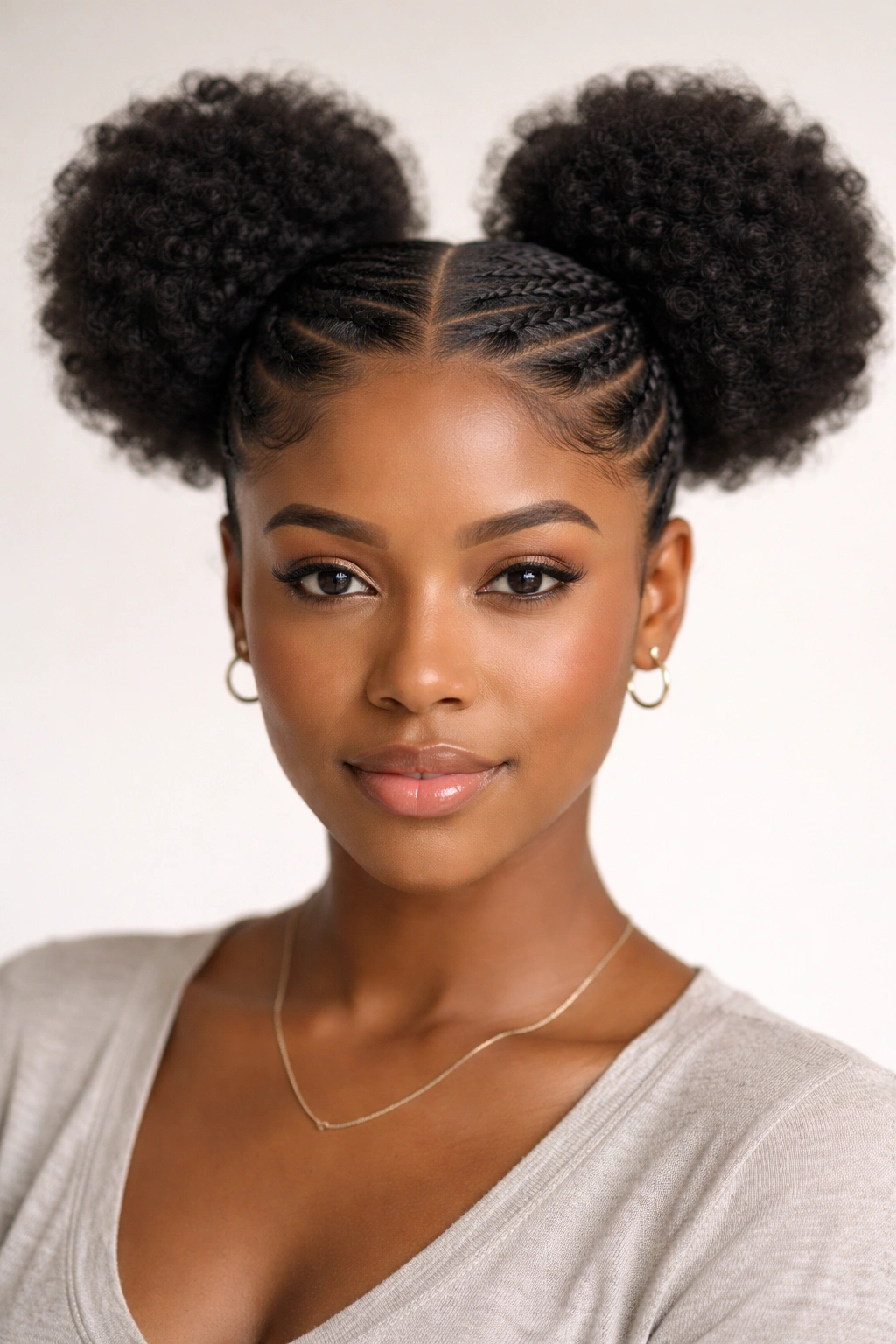 Front-facing portrait of twisted-base double puffs with flat twists along the scalp.