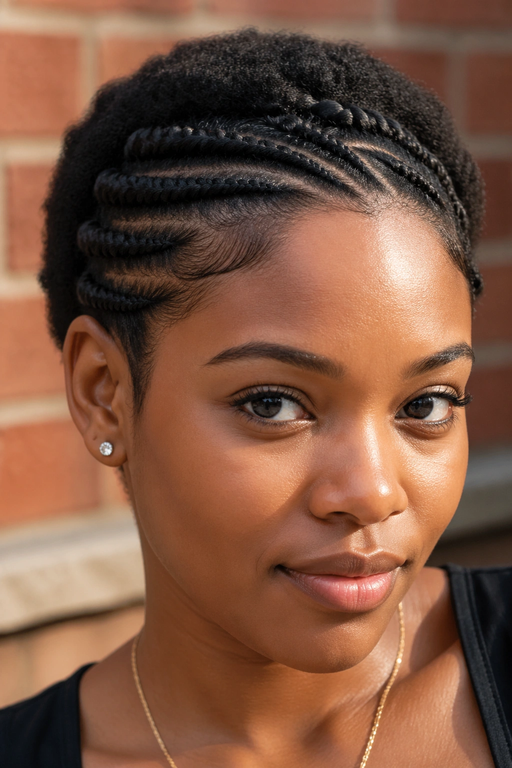 Real person with flat twists along the hairline in natural light