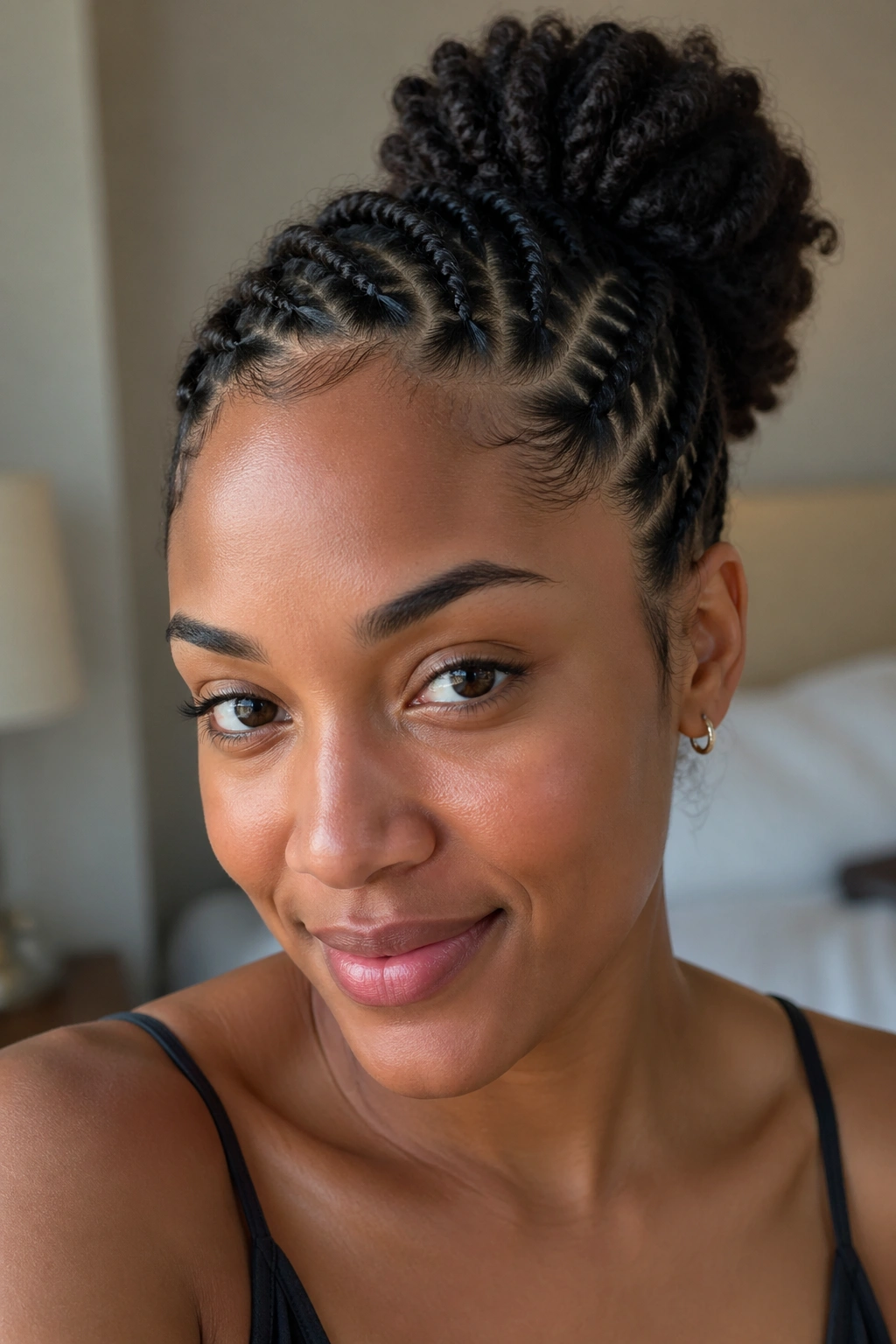 Close-up of a real woman with flat twists along the hairline protecting curls at night.