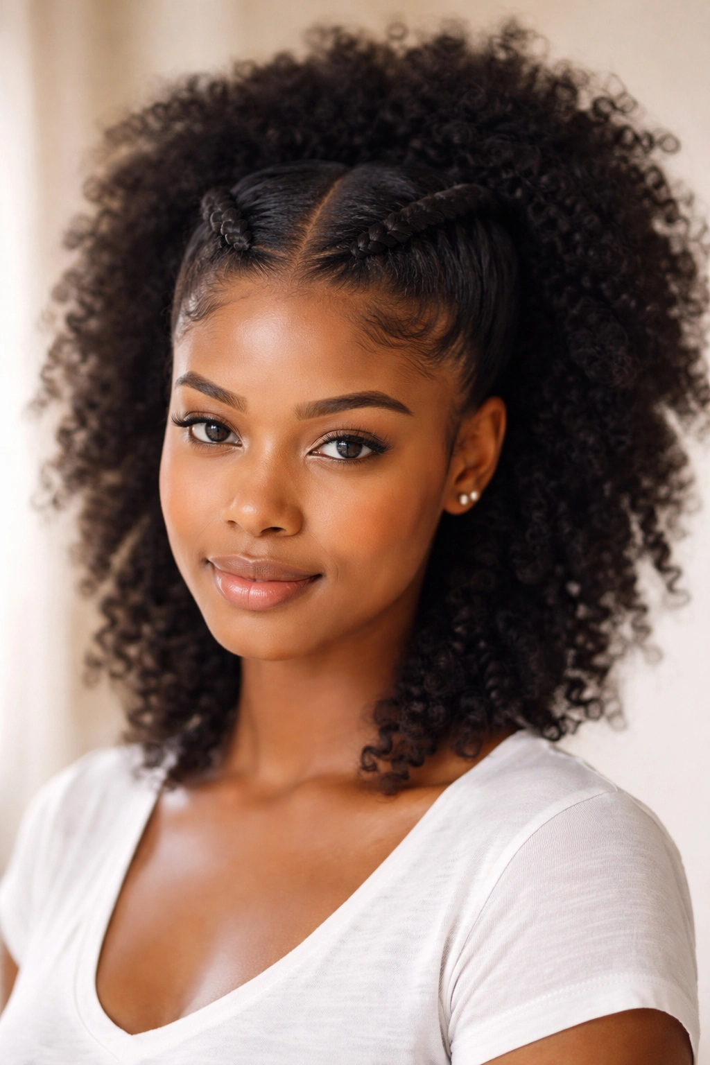 Two flat twists across the front forming a half-up fro