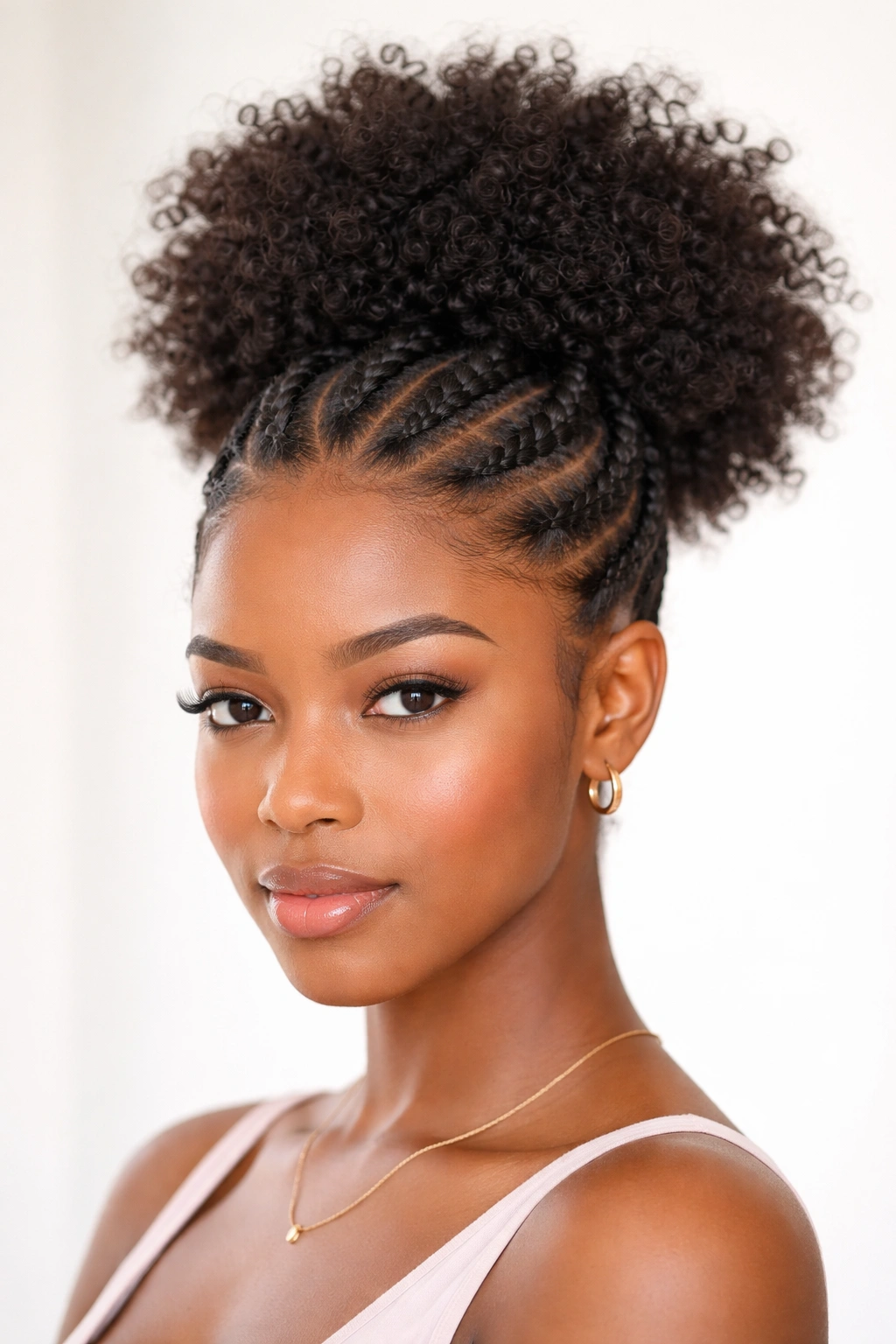 Flat twists swept into a high puff with visible part lines