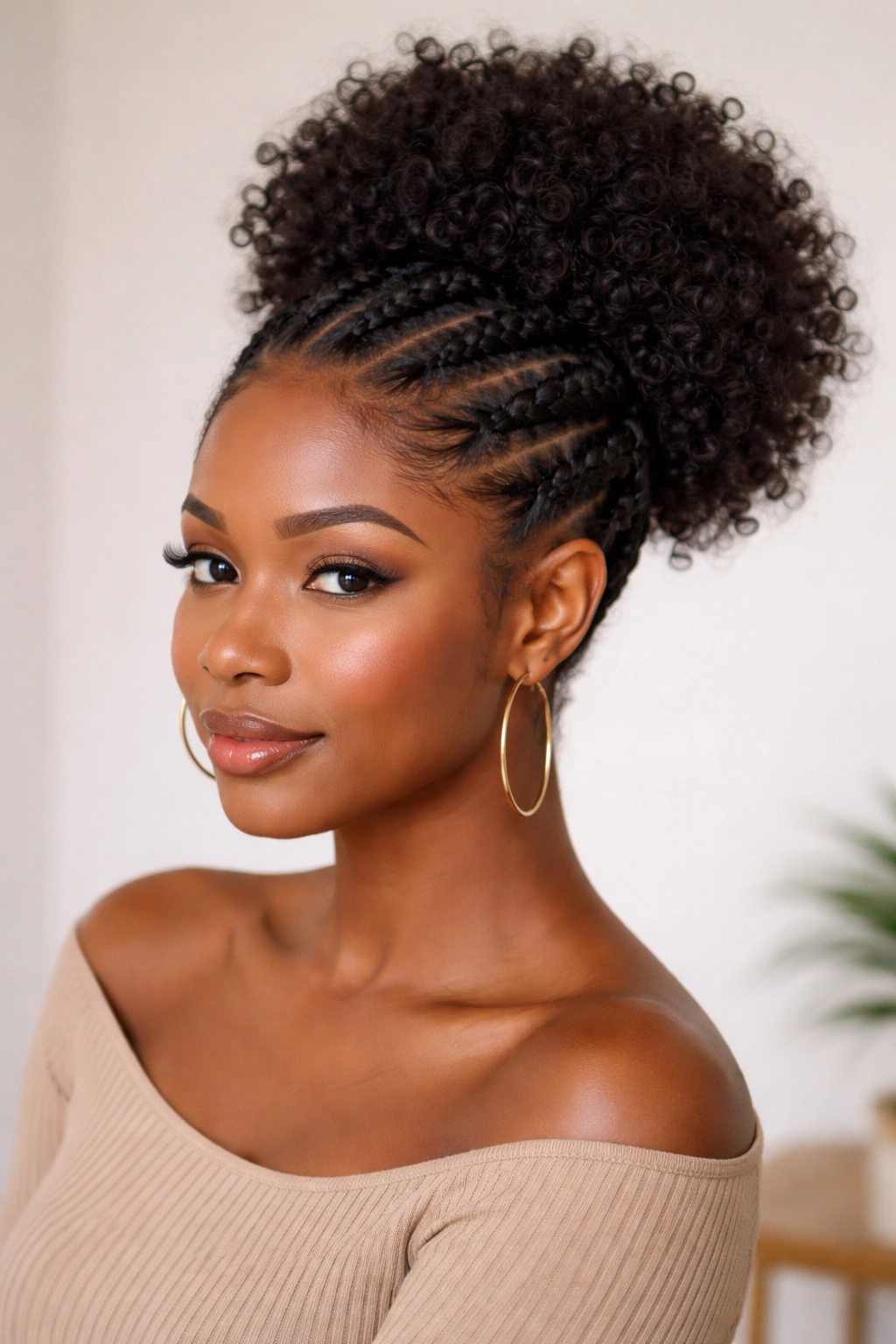 Natural hair with chunky flat twists and a high puff, studio lighting