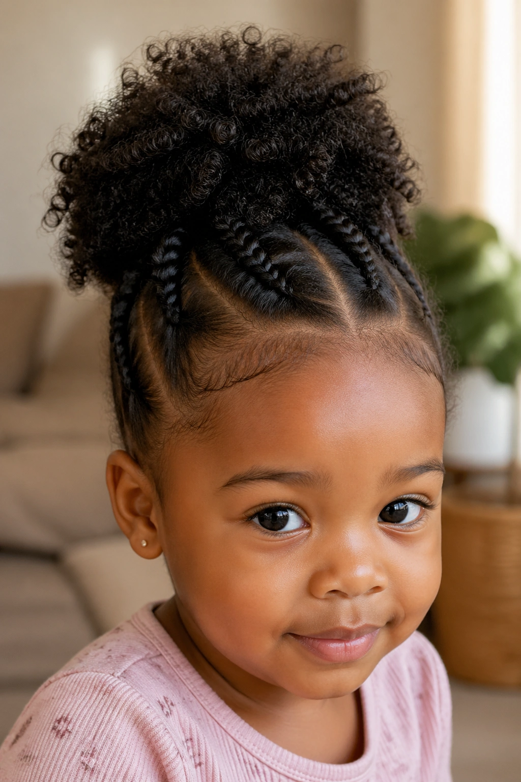 Close-up of flat twists forming a high puff on a baby's head.