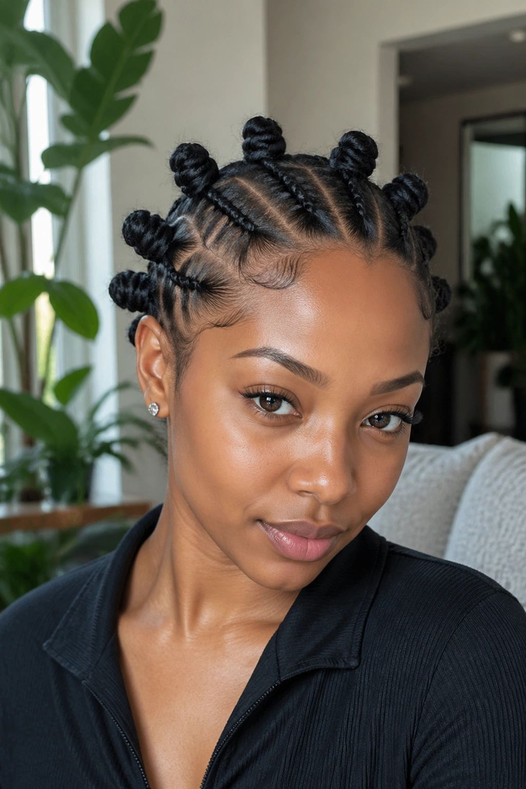 Close-up of person with flat twists at the front flowing into small knots