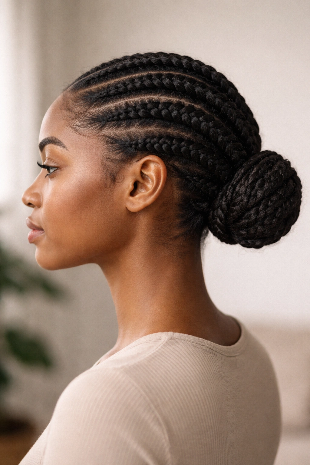 Flat twists forming a low bun with a close-to-scalp look