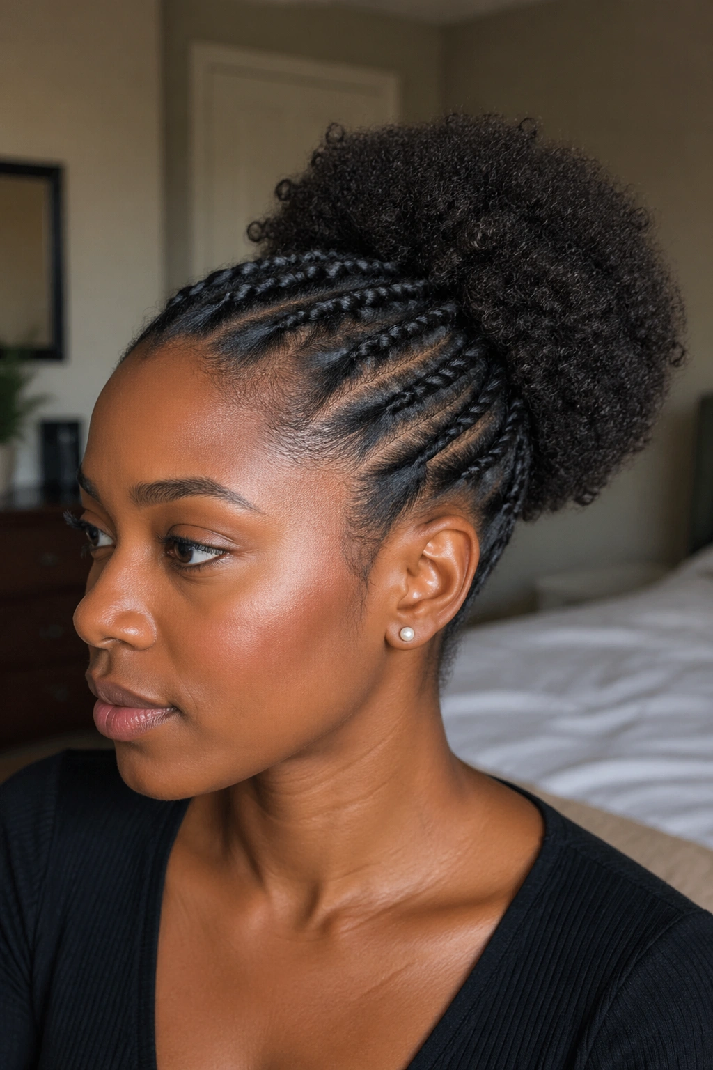 Close-up of a real person with flat twists leading into a soft puff