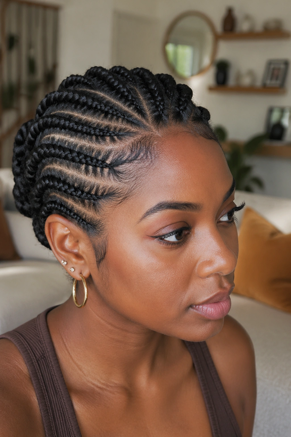 Close-up of a real woman with flat twists along the scalp