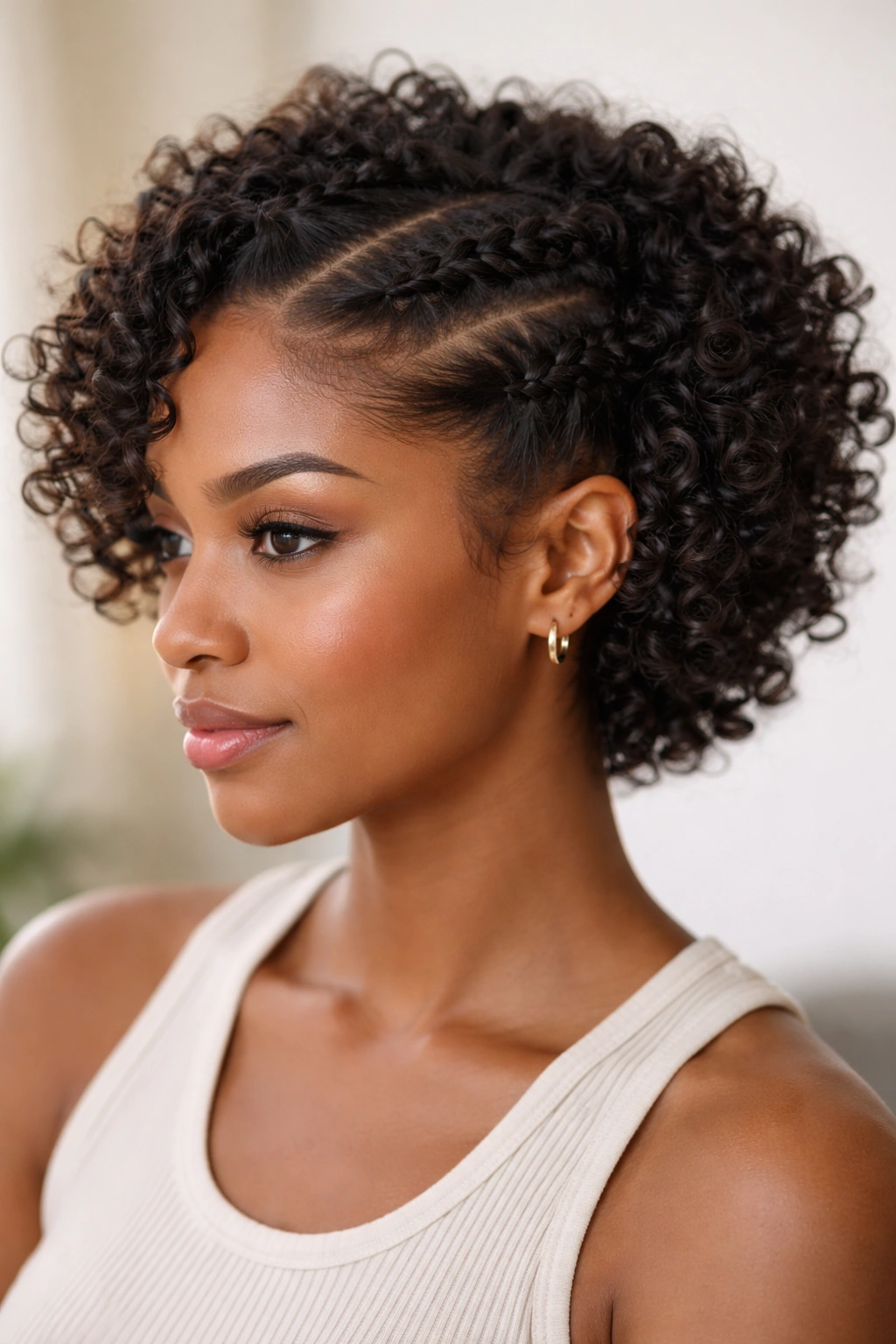 Three-quarter view of two flat twists with loose curls on short hair