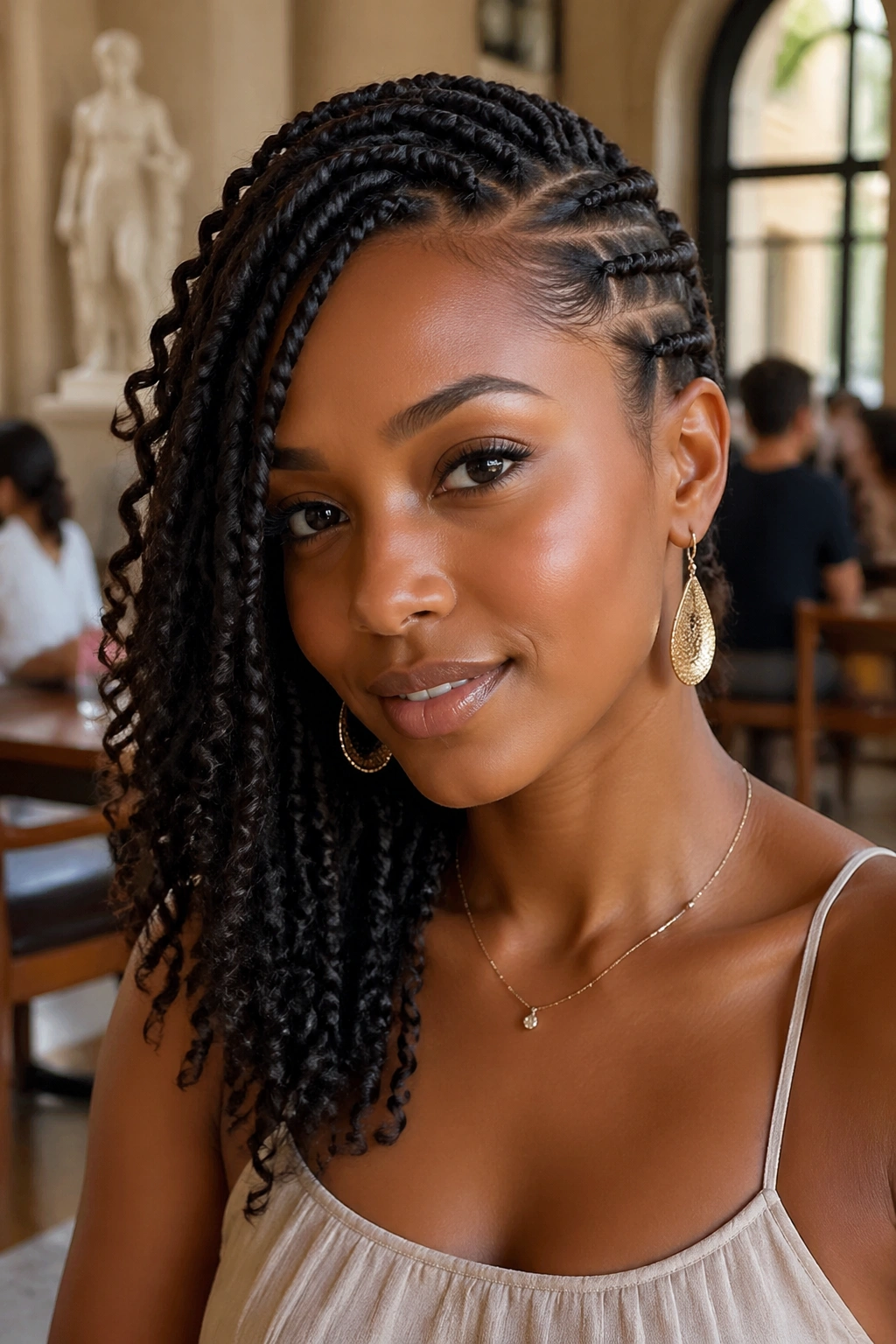 Close-up of woman with side-swept flat twists for a polished look