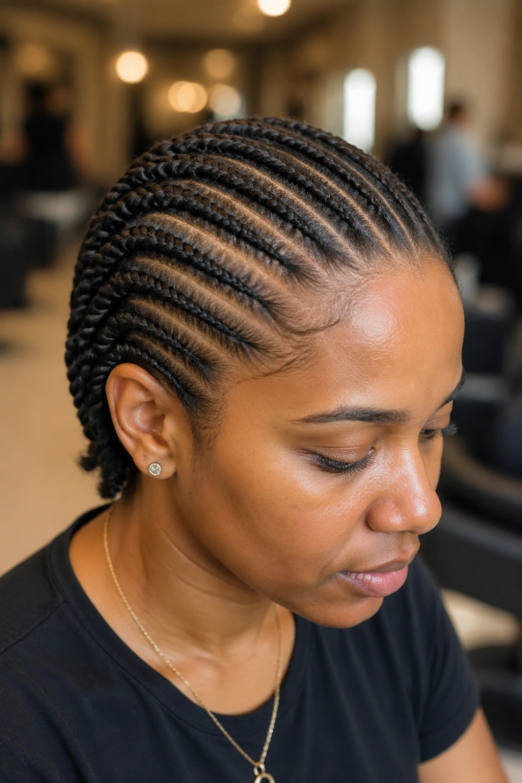 Close-up portrait of a real woman with flat twists straight back.