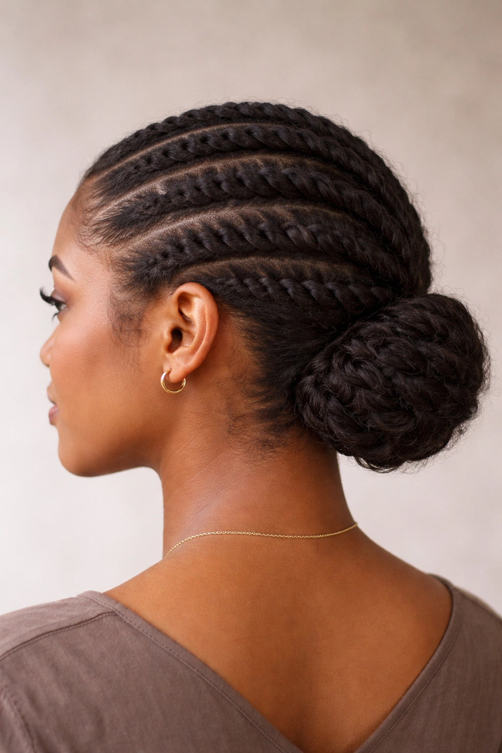 Close-up of flat twists forming a neat low updo on natural hair