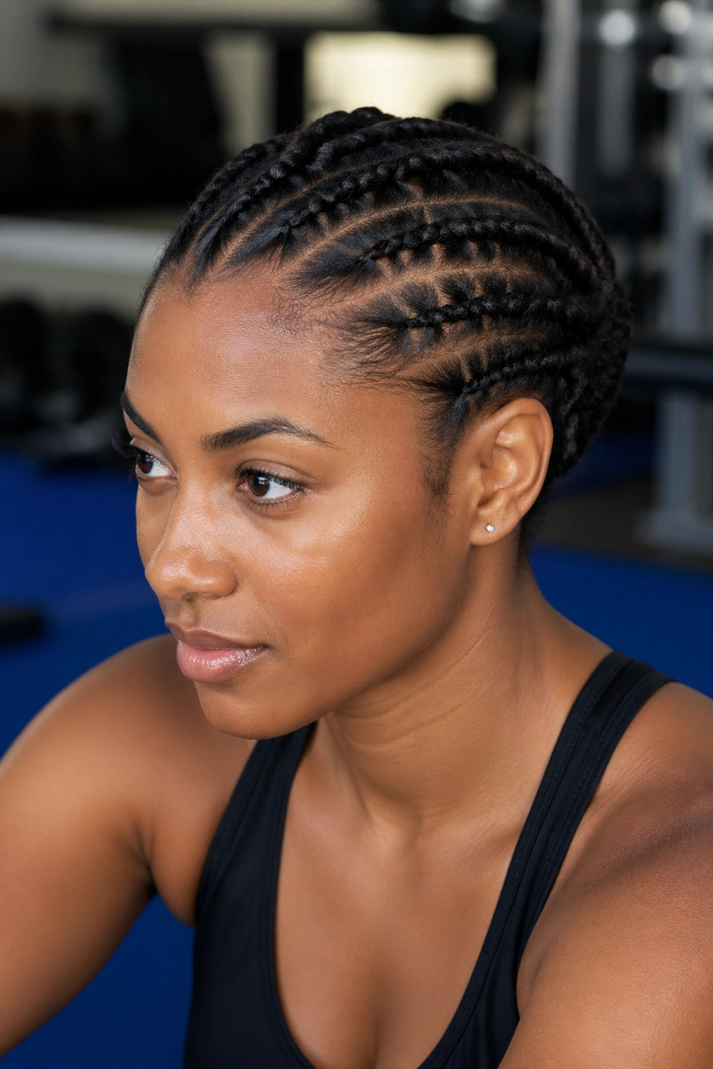 Close-up portrait of a real woman with a flat twist updo suitable for high-movement workouts in a gym