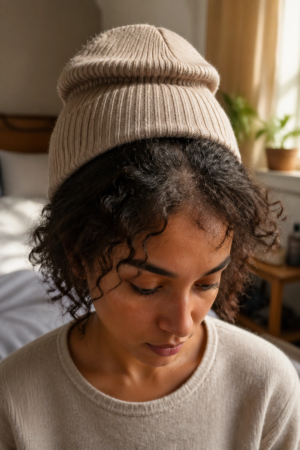 Close up crown area under beanie showing flattened curls on a real person.