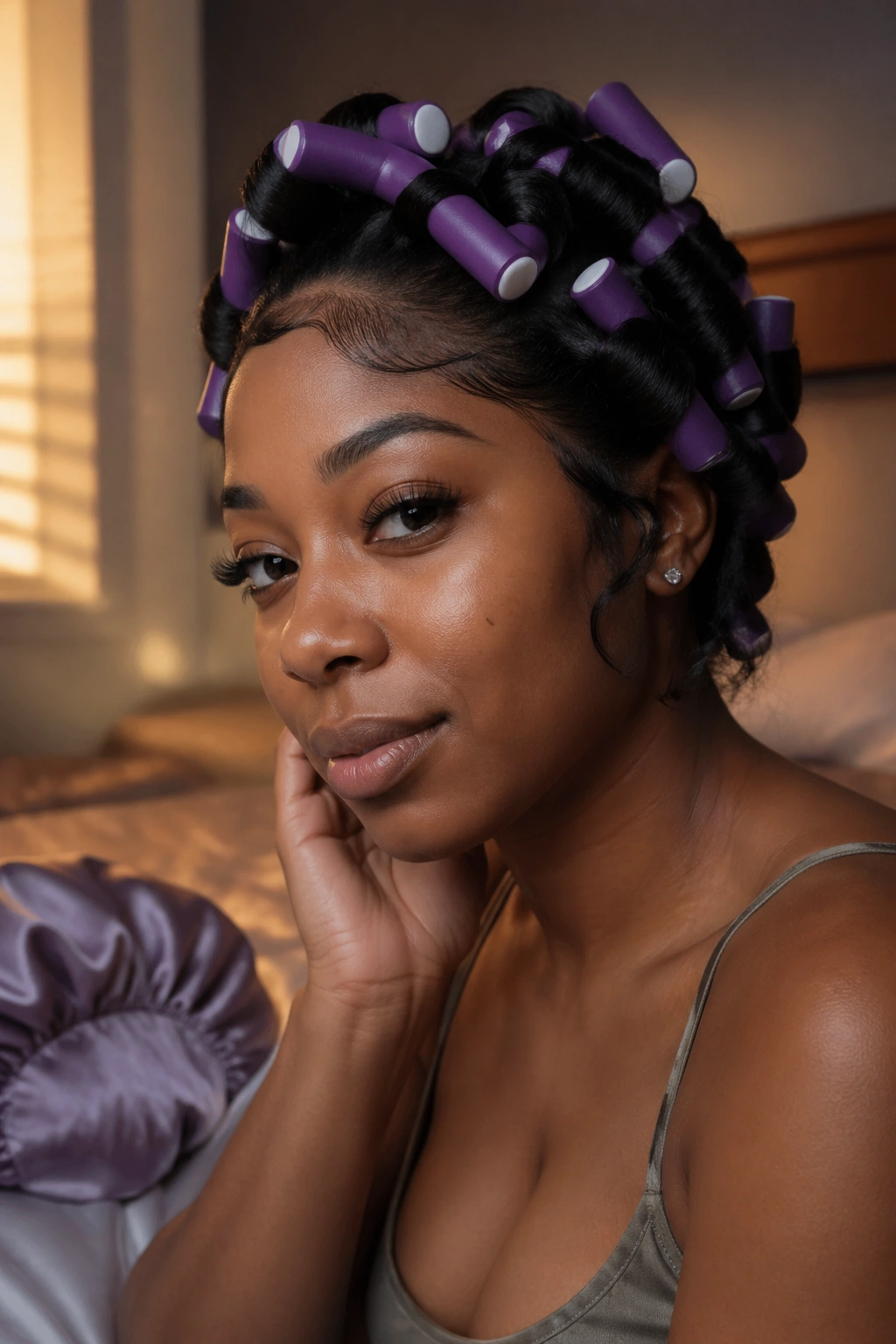 Close-up of a real woman's head showing flexi-rods in curls for overnight protection