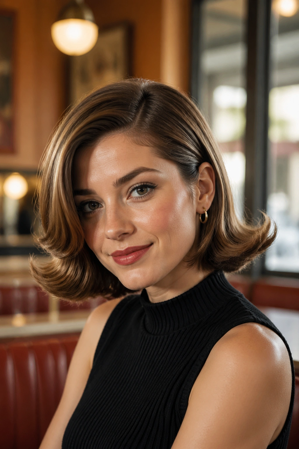 Portrait of a woman with a deep side-parted flip-end bob in a retro cafe