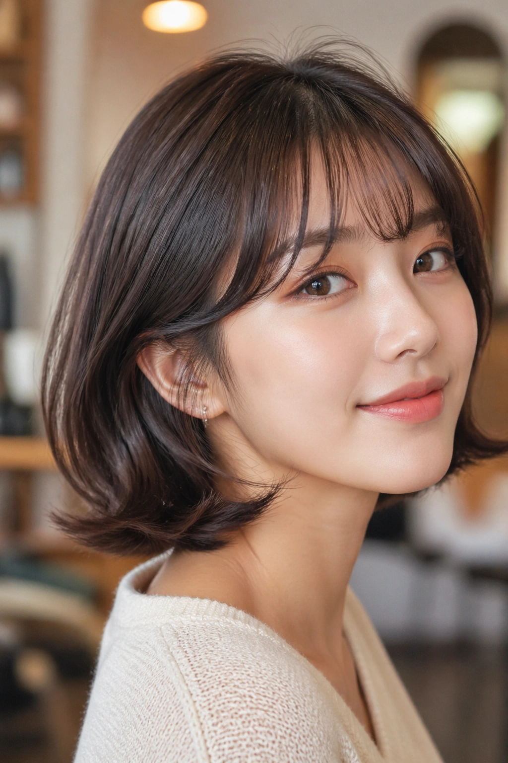 Portrait of a woman with a flipped-end bob and curved bangs in a real-world setting