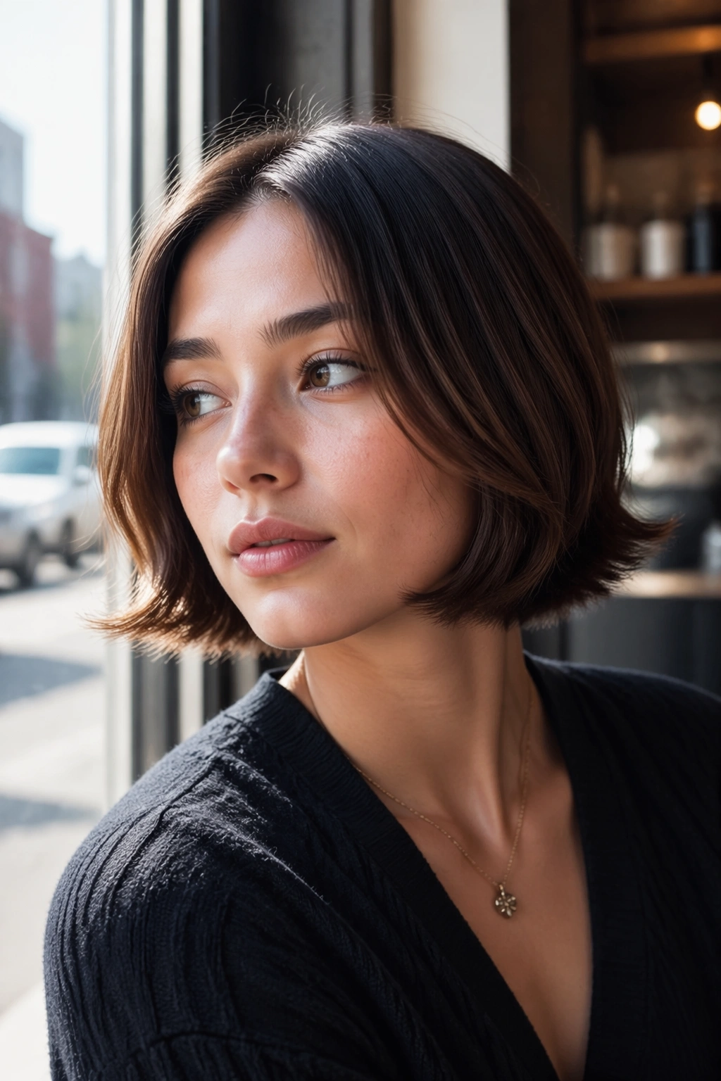 Close-up portrait of a real woman with outward-flipped ends in a flipped-end bob