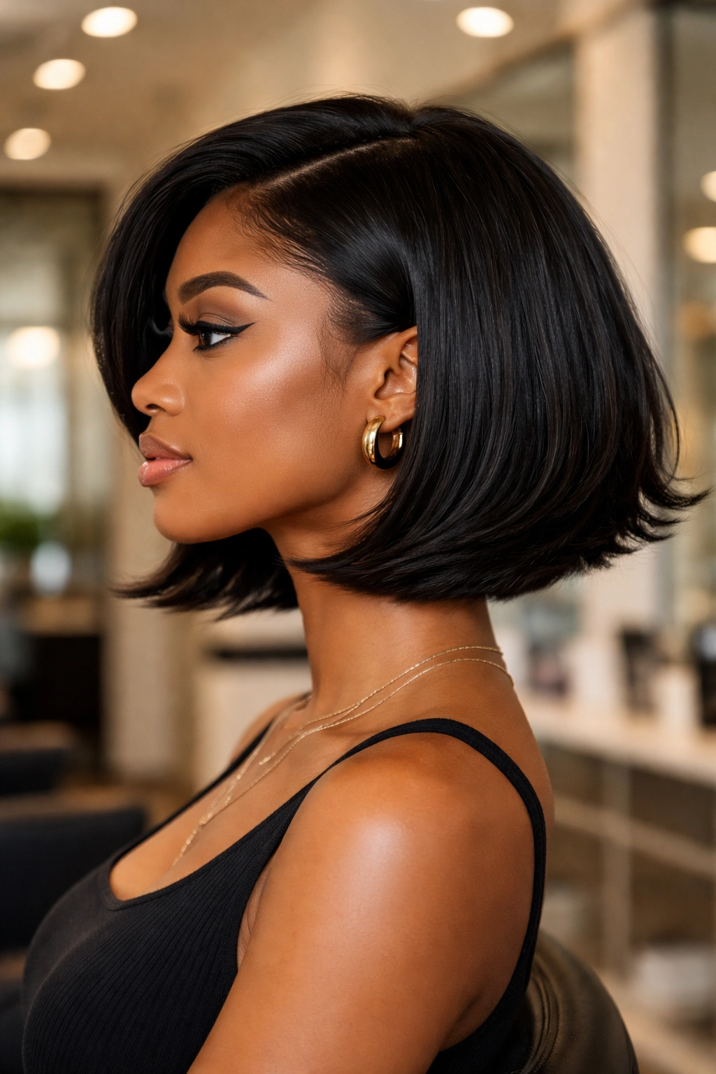 Side profile of a flipped-end razor bob with outward-flipped ends.
