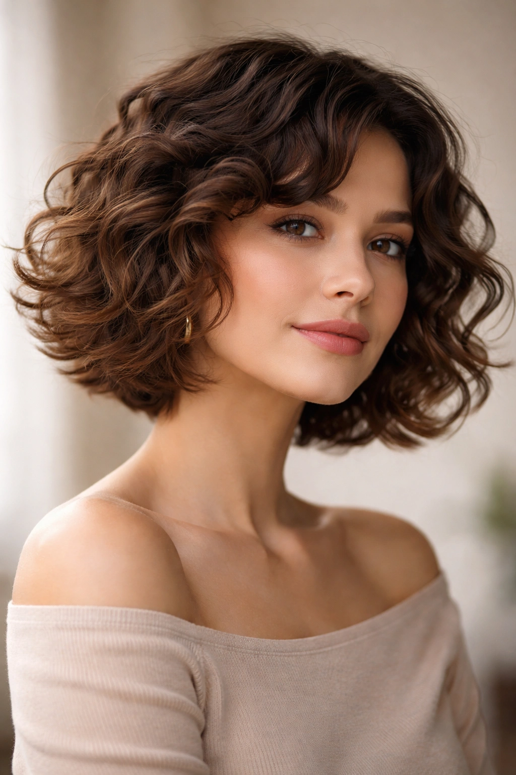 Curly bob with flipped-out ends at the jawline